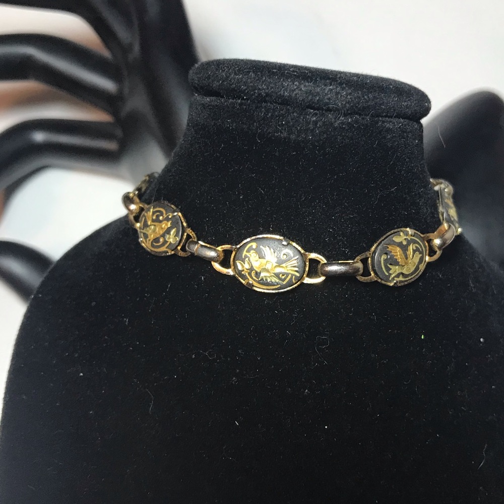 Damascene Birds 7 Link Bracelet 6.5”L w Safety Chain Real Gold Inlay EVC